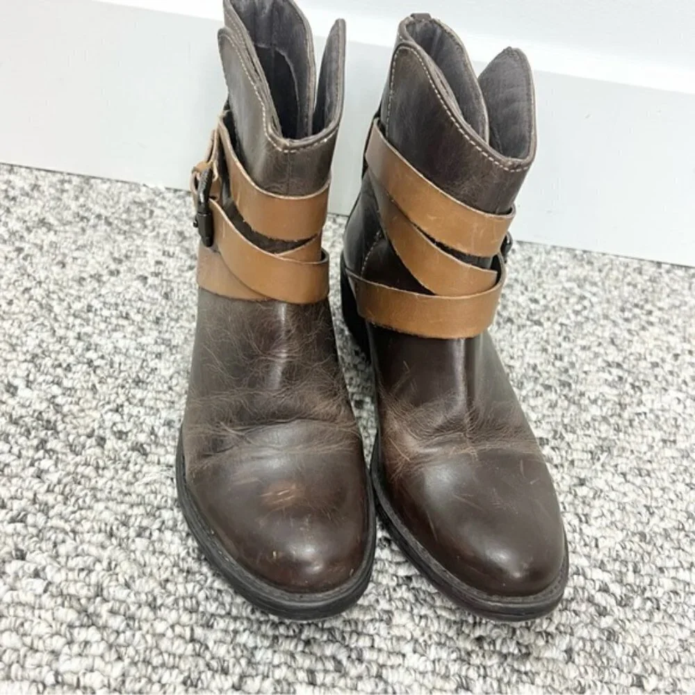 RUDSAK Montreal brown leather distressed buckle moto ankle boots 38
